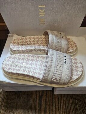 Christian Dior Dway Pink White Logo Houndstooth Slide Mule Flat Flop Sandal 38.5